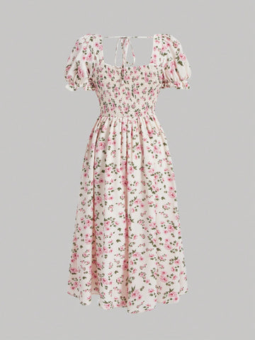 MOD Women's Puff Sleeve Floral Print Full-Length Dress With Tie Belt