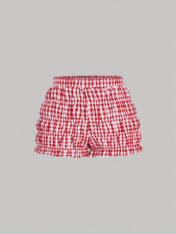 Women's Red & White Plaid Two Piece Set Women: Ruched Top & Bubble Ruched 2 Piece Outfit,Beach,Cruise Attire,Vacation,Western Wear Women,Tea Party Outfit,Brunch Outfits For Women