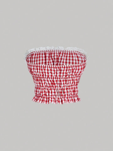 Women's Red & White Plaid Two Piece Set Women: Ruched Top & Bubble Ruched 2 Piece Outfit,Beach,Cruise Attire,Vacation,Western Wear Women,Tea Party Outfit,Brunch Outfits For Women