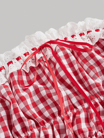 Women's Red & White Plaid Two Piece Set Women: Ruched Top & Bubble Ruched 2 Piece Outfit,Beach,Cruise Attire,Vacation,Western Wear Women,Tea Party Outfit,Brunch Outfits For Women