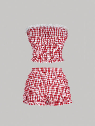 Women's Red & White Plaid Two Piece Set Women: Ruched Top & Bubble Ruched 2 Piece Outfit,Beach,Cruise Attire,Vacation,Western Wear Women,Tea Party Outfit,Brunch Outfits For Women