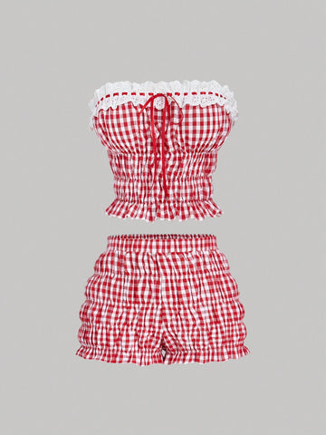 Women's Red & White Plaid Two Piece Set Women: Ruched Top & Bubble Ruched 2 Piece Outfit,Beach,Cruise Attire,Vacation,Western Wear Women,Tea Party Outfit,Brunch Outfits For Women