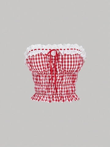 Women's Red & White Plaid Two Piece Set Women: Ruched Top & Bubble Ruched 2 Piece Outfit,Beach,Cruise Attire,Vacation,Western Wear Women,Tea Party Outfit,Brunch Outfits For Women