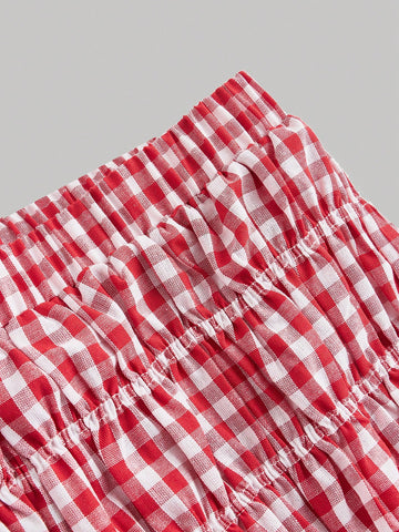 Women's Red & White Plaid Two Piece Set Women: Ruched Top & Bubble Ruched 2 Piece Outfit,Beach,Cruise Attire,Vacation,Western Wear Women,Tea Party Outfit,Brunch Outfits For Women