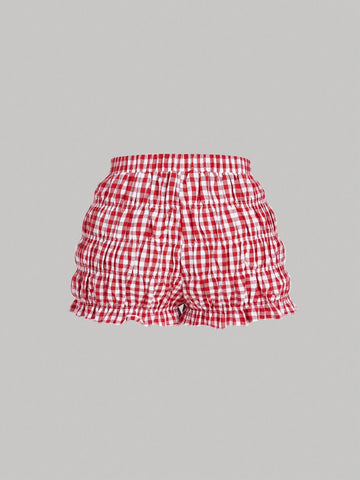 Women's Red & White Plaid Two Piece Set Women: Ruched Top & Bubble Ruched 2 Piece Outfit,Beach,Cruise Attire,Vacation,Western Wear Women,Tea Party Outfit,Brunch Outfits For Women