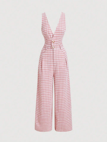 Vintage Black-And-White Plaid Button Wide Leg Jumpsuit,V-Neck  Casual Women,Teacher Clothes,Going To School Jumpsuit,90s Outfit,Goth,Korean Fashion,Old Money Style