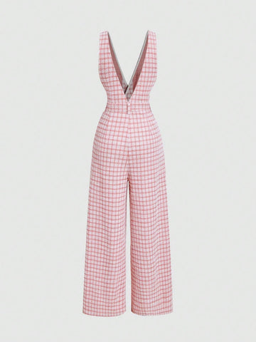 Vintage Black-And-White Plaid Button Wide Leg Jumpsuit,V-Neck  Casual Women,Teacher Clothes,Going To School Jumpsuit,90s Outfit,Goth,Korean Fashion,Old Money Style