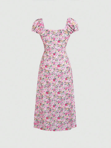 Women's Romantic Floral Pink Vacation Style Dress With Lace Trim And Puff Sleeves