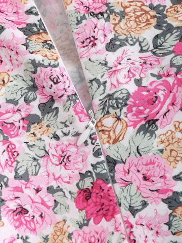Women's Romantic Floral Pink Vacation Style Dress With Lace Trim And Puff Sleeves
