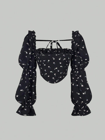 MOD Women's Ruffled Square Collar Ditsy Floral Lantern Sleeve Blouse, Spring/Summer