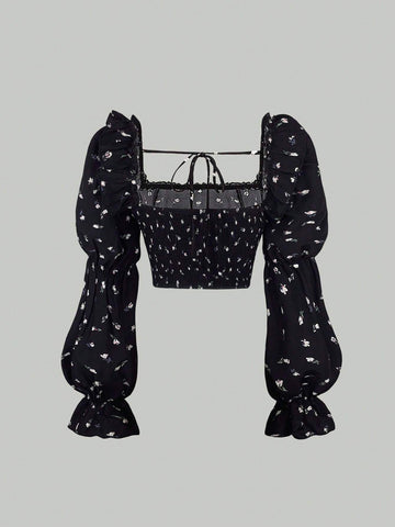 MOD Women's Ruffled Square Collar Ditsy Floral Lantern Sleeve Blouse, Spring/Summer