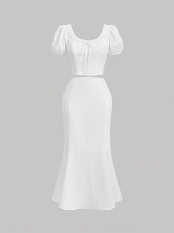 Women's Short Puff Sleeve Top And Mermaid Hem Skirt Set