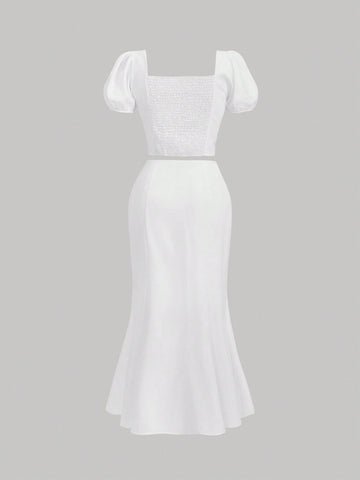 Women's Short Puff Sleeve Top And Mermaid Hem Skirt Set