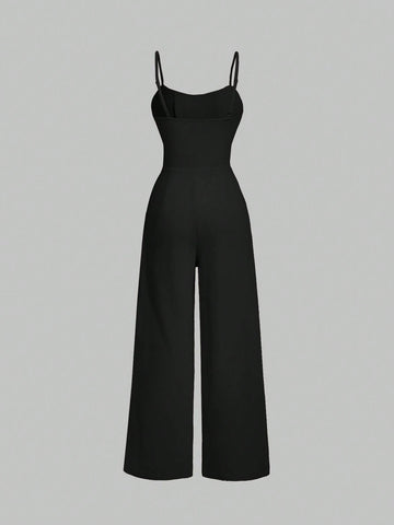 Minimalist Solid Color Crossover Strap Jumpsuit, Casual Everyday Wear