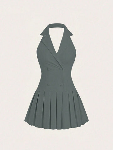 Women's Sleeveless Solid Color Splice Pleated Hem Casual Halter Dress, Summer