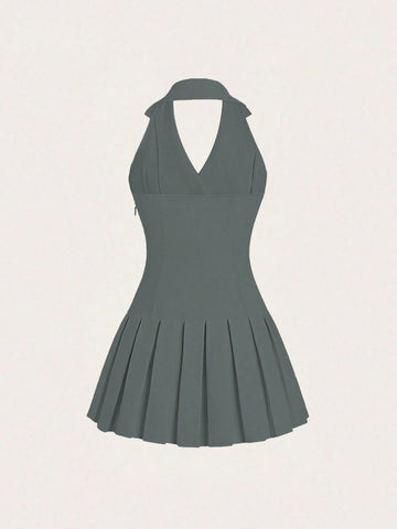 Women's Sleeveless Solid Color Splice Pleated Hem Casual Halter Dress, Summer