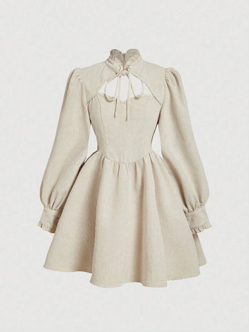 Women's Solid Color Front Tie Long Sleeve Casual Dress