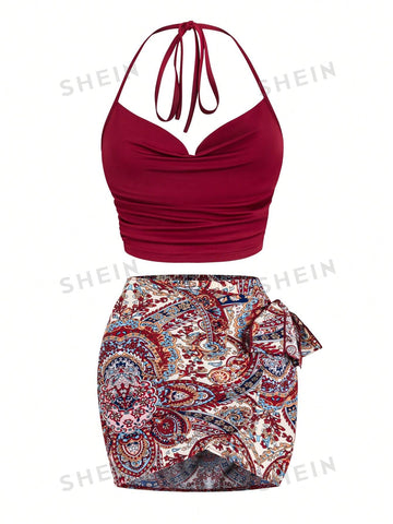 Women's Solid Color Halter Draped Collar And Flower Printed Wrap Skirt Two-Piece Set