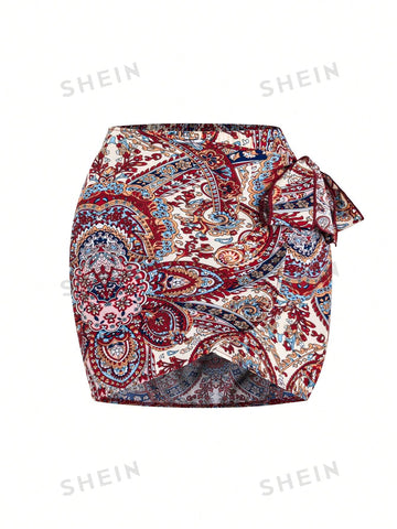 Women's Solid Color Halter Draped Collar And Flower Printed Wrap Skirt Two-Piece Set