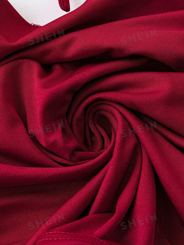 Women's Solid Color Halter Draped Collar And Flower Printed Wrap Skirt Two-Piece Set