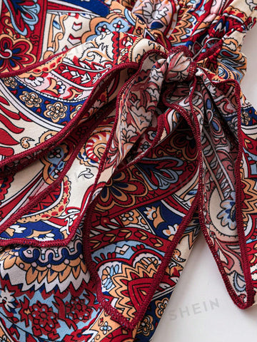 Women's Solid Color Halter Draped Collar And Flower Printed Wrap Skirt Two-Piece Set