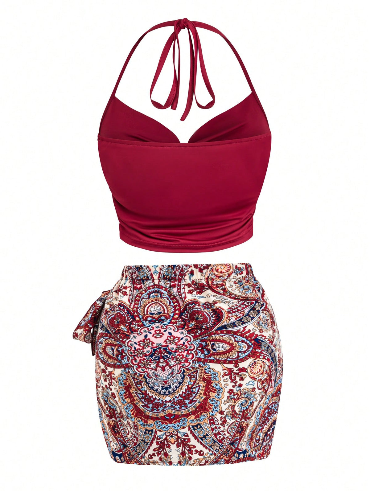 Women's Solid Color Halter Draped Collar And Flower Printed Wrap Skirt Two-Piece Set