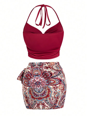 Women's Solid Color Halter Draped Collar And Flower Printed Wrap Skirt Two-Piece Set