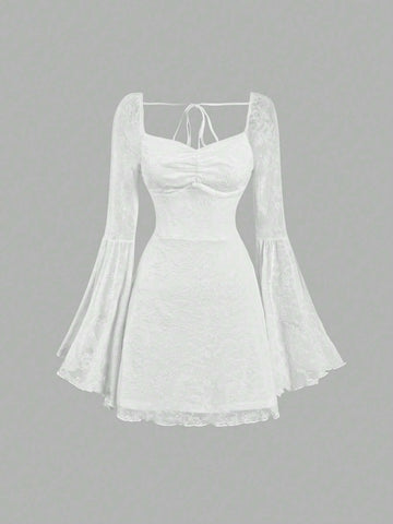 Women's Solid Color Lace Bell Sleeve Ruched Elegant A-Line Dress, Spring/Summer