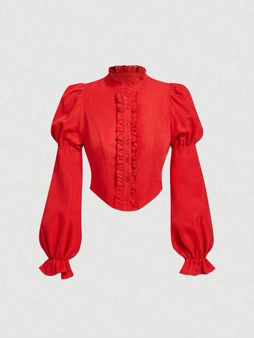 MOD Women's Solid Color Long Sleeve Ruffled Single-Breasted Elegant Blouse, Autumn