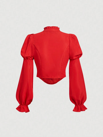 MOD Women's Solid Color Long Sleeve Ruffled Single-Breasted Elegant Blouse, Autumn