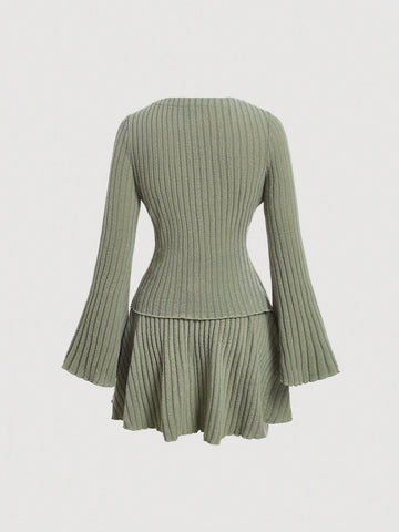 Women's Solid Color Ribbed Knit Bell Sleeve Two-piece Set