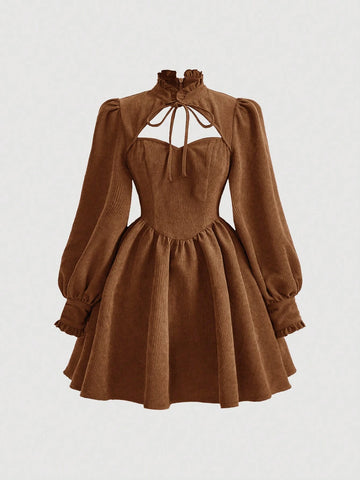 Women's Solid Color Ruffle Trim Tie-Up Collar Long Sleeve Elegant Short Dress