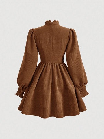 Women's Solid Color Ruffle Trim Tie-Up Collar Long Sleeve Elegant Short Dress