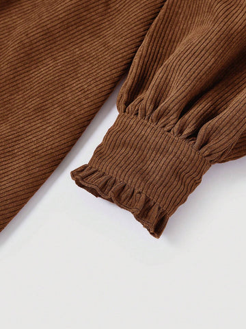 Women's Solid Color Ruffle Trim Tie-Up Collar Long Sleeve Elegant Short Dress