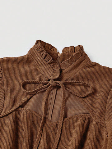 Women's Solid Color Ruffle Trim Tie-Up Collar Long Sleeve Elegant Short Dress