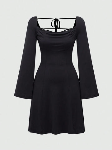 Women's Solid Color V-Neck Flare Sleeve Cross Strap Backless Dress