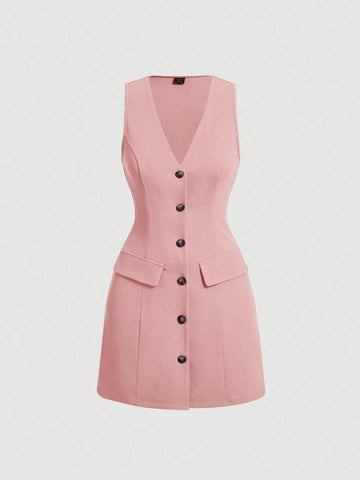 Women's Solid Color V-Neck Single-Breasted Casual Sleeveless Mini Dress