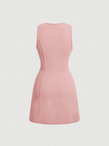 Women's Solid Color V-Neck Single-Breasted Casual Sleeveless Mini Dress