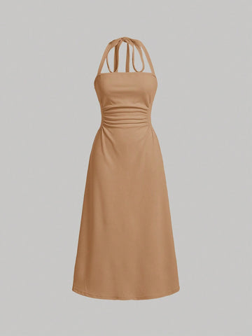 Women's Solid Color Waist Crochet Trim Halter Neck Casual Dress For Summer