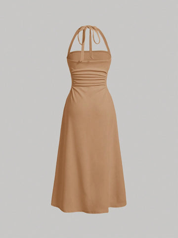 Women's Solid Color Waist Crochet Trim Halter Neck Casual Dress For Summer