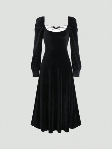 Women's Spring/Summer Bow Decor Color Block Long Sleeve Elegant Dress