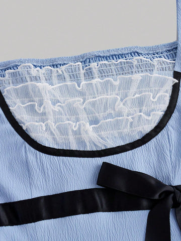 Women's Square Neck Multiple Layers Lace Patchwork Puff Sleeve Colorblock Cinched Waist