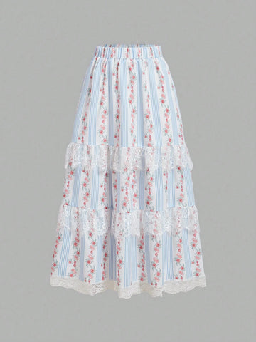 MOD Women's Summer Bohemian Music Festival Floral & Lace Patchwork Long Skirt
