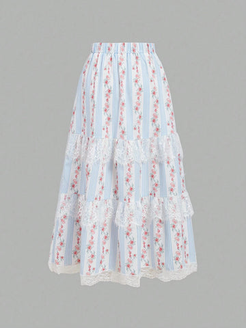 MOD Women's Summer Bohemian Music Festival Floral & Lace Patchwork Long Skirt