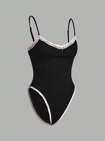 Women's Summer Contrast Lace Bowknot Decorated Bodysuit With Straps