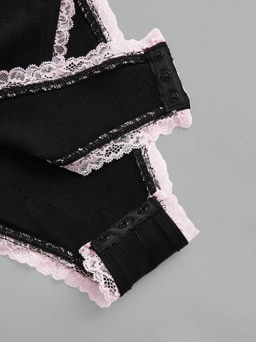 Women's Summer Contrast Lace Bowknot Decorated Bodysuit With Straps