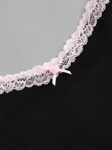 Women's Summer Contrast Lace Bowknot Decorated Bodysuit With Straps