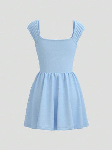 Women's Summer Holiday Solid Color Crop Dress With Front Tie And Drop Shoulders