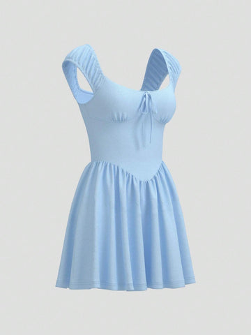 Women's Summer Holiday Solid Color Crop Dress With Front Tie And Drop Shoulders