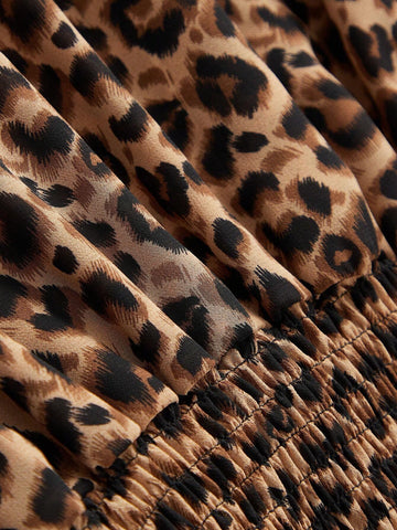 Women's Summer Patchwork Leopard Print Waist Tie Ruffled Hem Fashionable Short Dress
